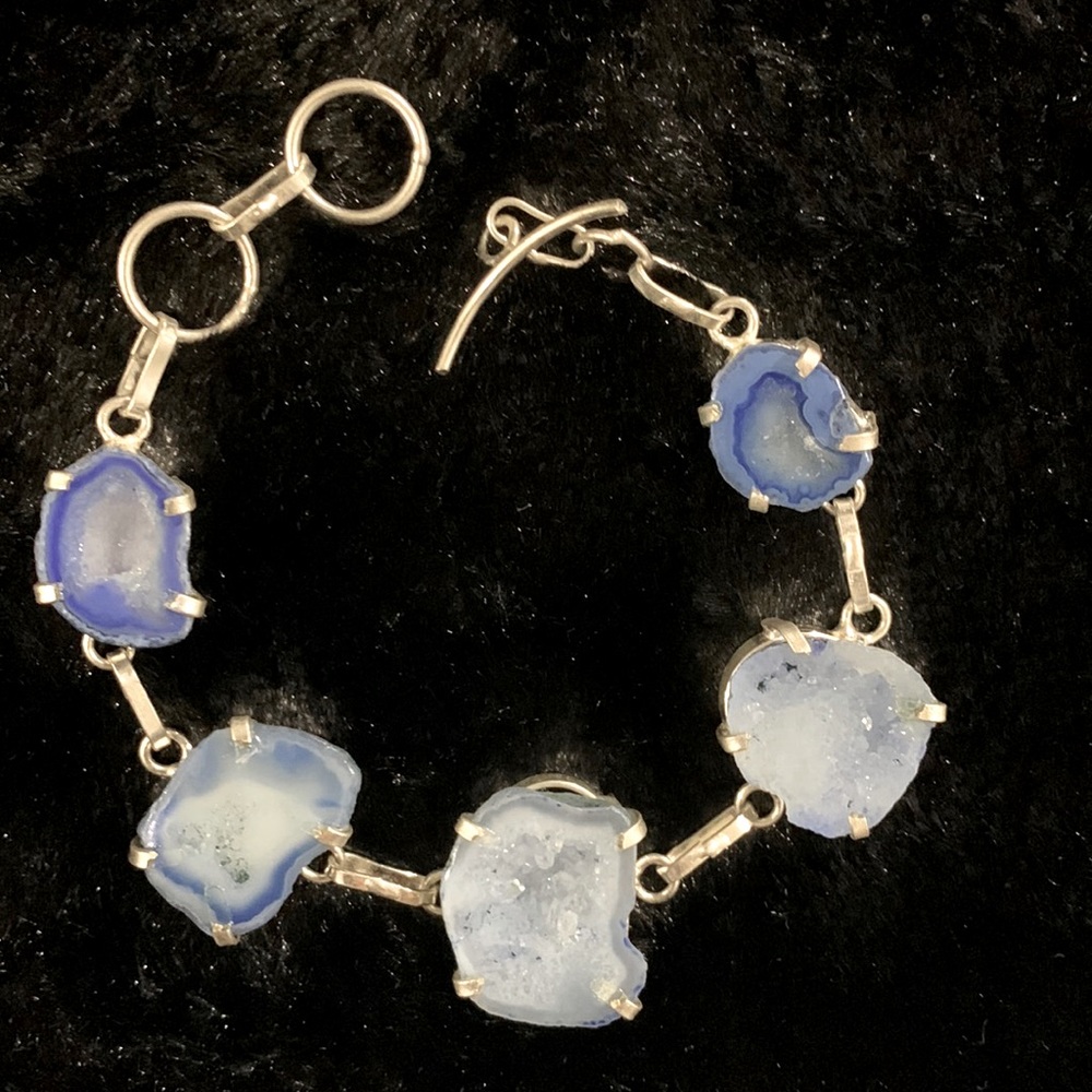 Blue agate druzy bracelet silver plated